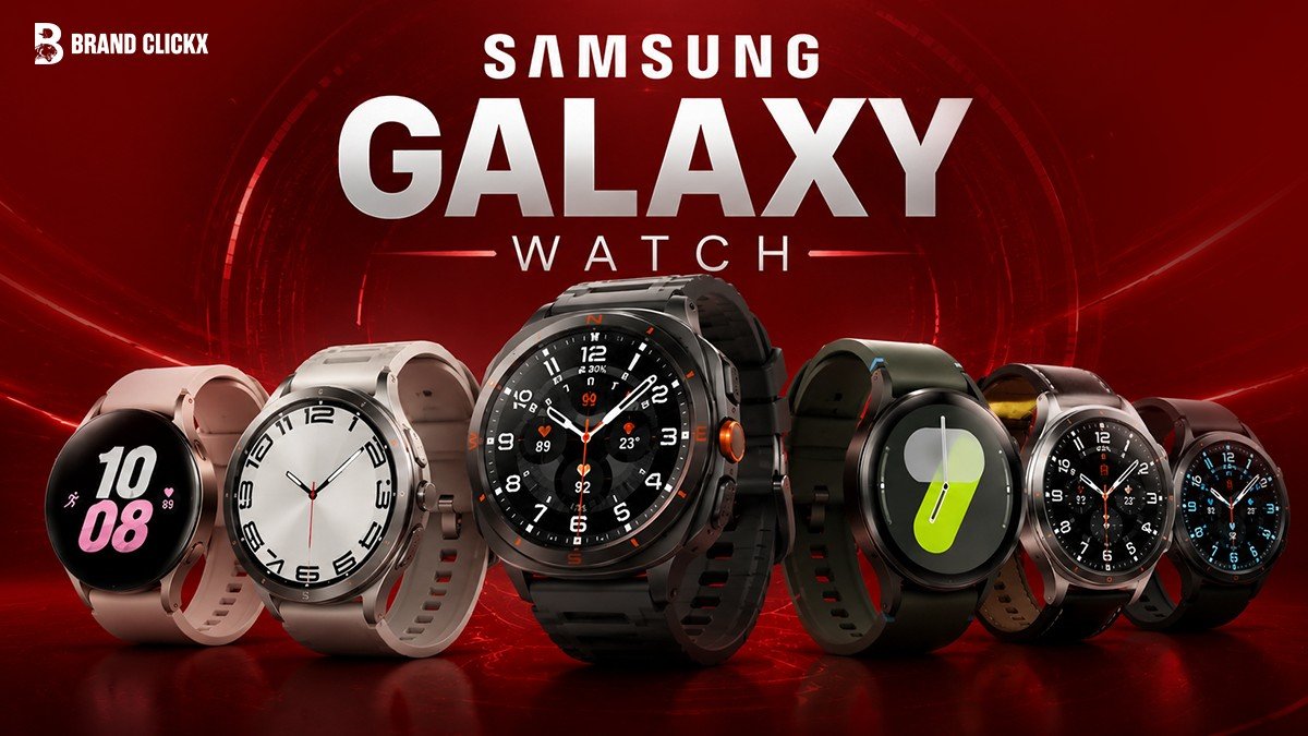 Artboard 9 Collection of various Samsung Galaxy Watch models displayed in a row