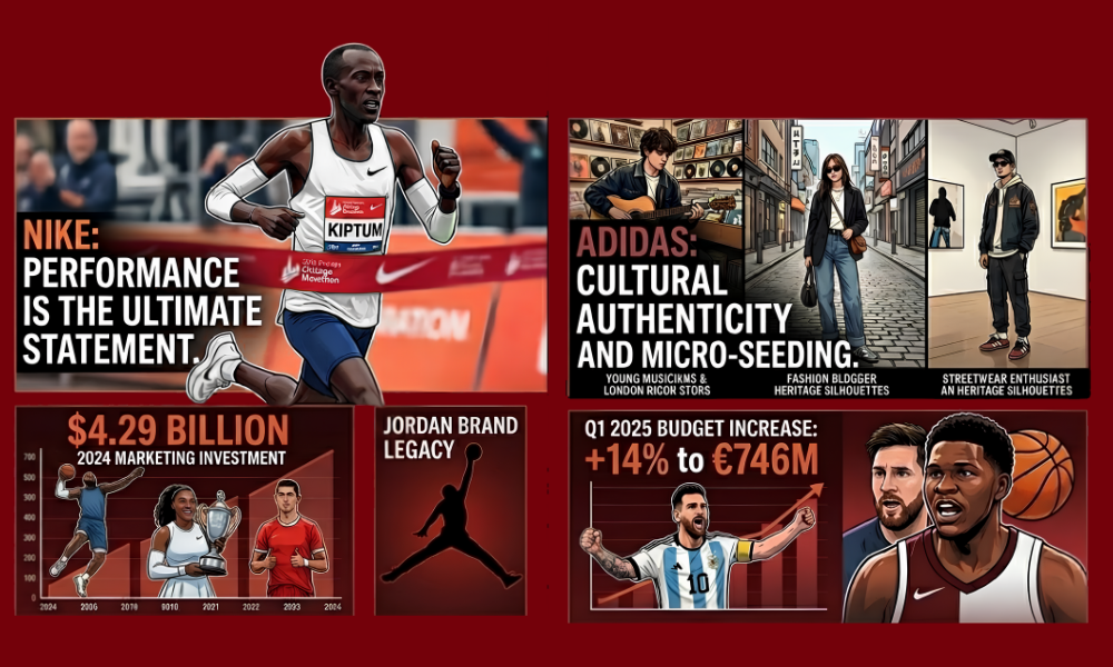 | Nike vs Adidas: Who Won the Digital Marketing Race? The sports marketing endorsement matrix diagram comparing Nike performance athletes with Adidas cultural micro seeding budgets