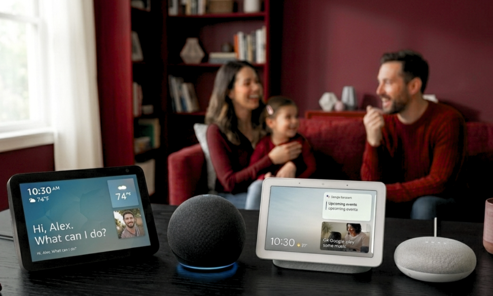 | Google Nest vs Amazon Echo: Which One Wins in 2026? Ballpark side by side comparison of Amazon Echo Show smart displays and Google Nest Hub devices on a coffee table
