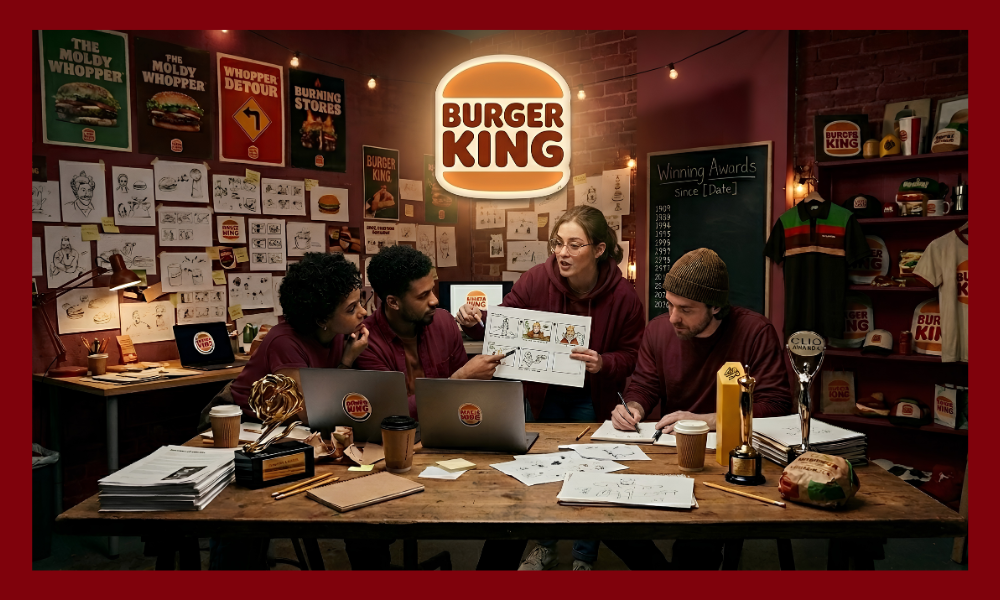 | McDonald's vs. Burger King: Whose Social Media Strategy Actually Works? Creative marketing team brainstorming advertising storyboard design layouts below a glowing Burger King neon sign