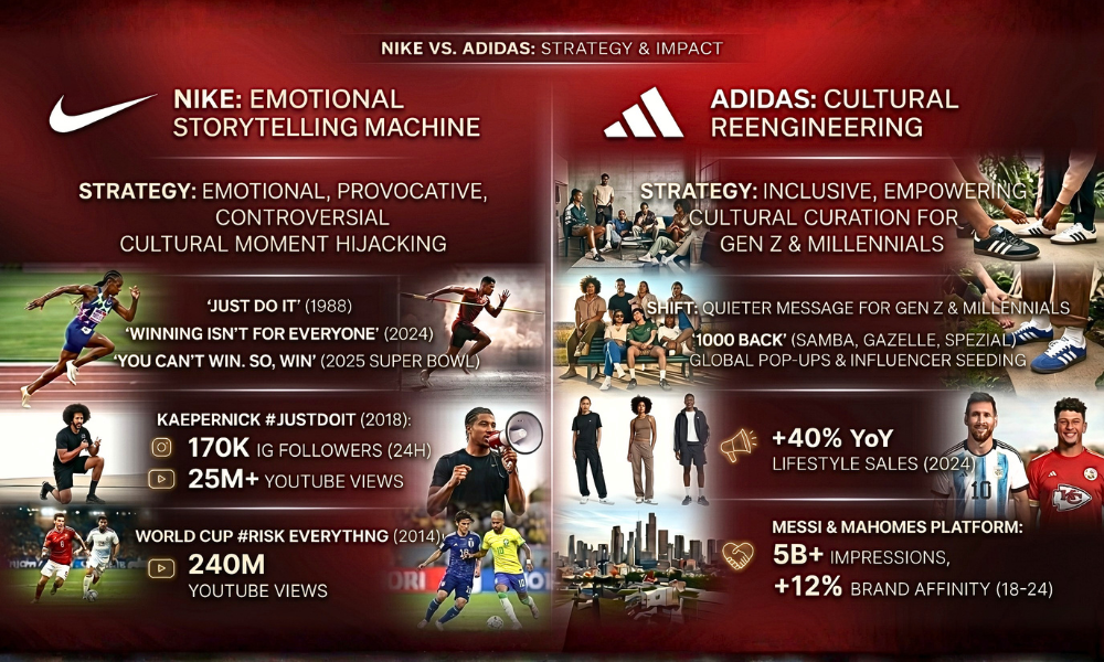 | Nike vs Adidas: Who Won the Digital Marketing Race? The BrandClickX digital campaign intelligence dashboard contrasting Nike emotional storytelling with Adidas cultural curation