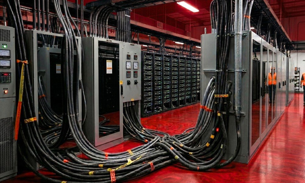 | Even Google Can't Build AI Fast Enough Industrial data center server racks with thick power cables