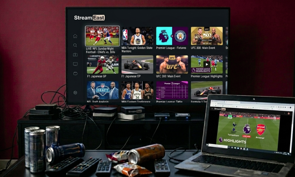 | The StreamEast Shutdown: What the Death of the World's Biggest Pirate Sports Network Says About the Streaming Economy A laptop and television screen displaying illegal live sports streams and football matches on StreamEast platform in a home setting.