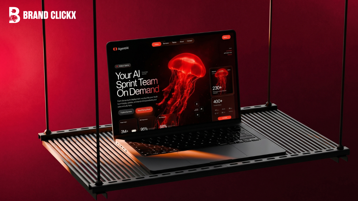 Designing Websites That Turn Interest Into Momentum Premium website design layout displayed on a laptop screen over a dynamic dark red background by BrandClickX