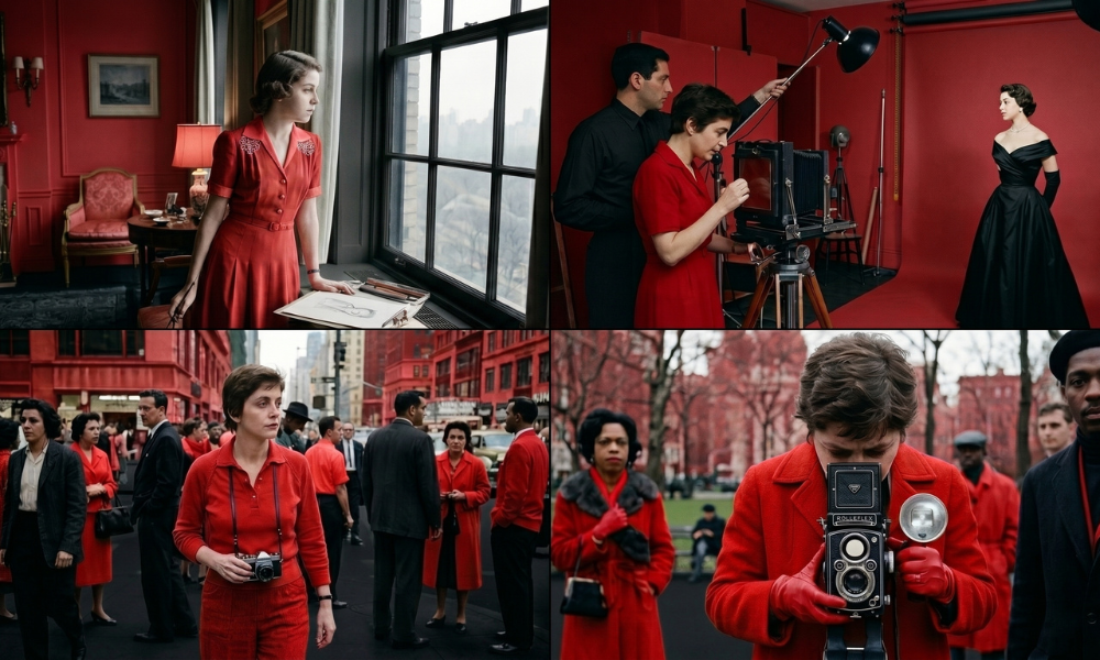 | Diane Arbus: The Complete Guide to America's Most Important Photographer of the Margins (2026) A four panel biographical photo grid tracing a fashion studio environment street photography with a 35mm camera and a medium format setup