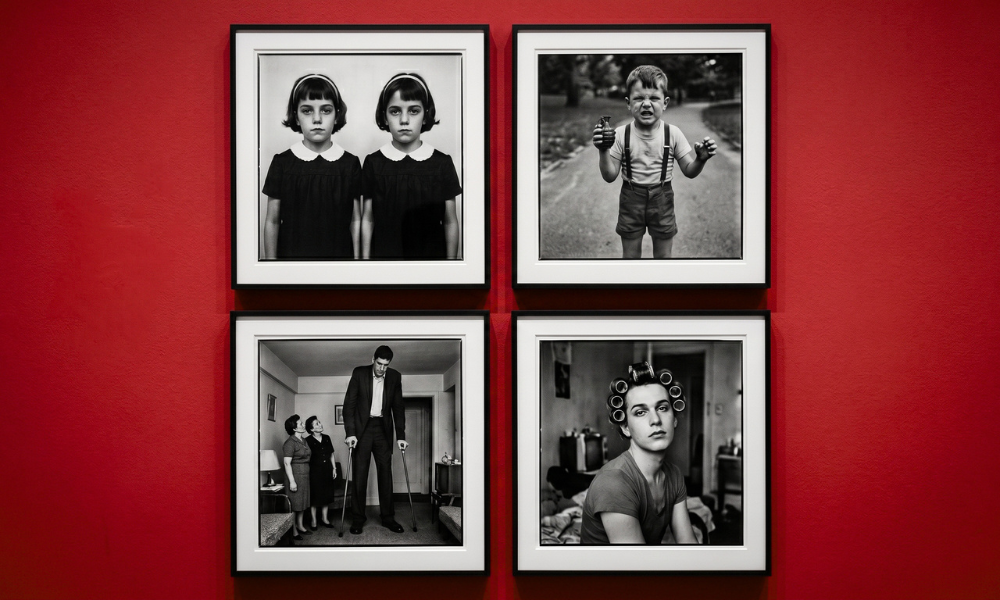 | Diane Arbus: The Complete Guide to America's Most Important Photographer of the Margins (2026) A gallery display featuring four framed black and white photographs including Identical Twins Child with a Toy Hand Grenade and A Jewish Giant on a red wall
