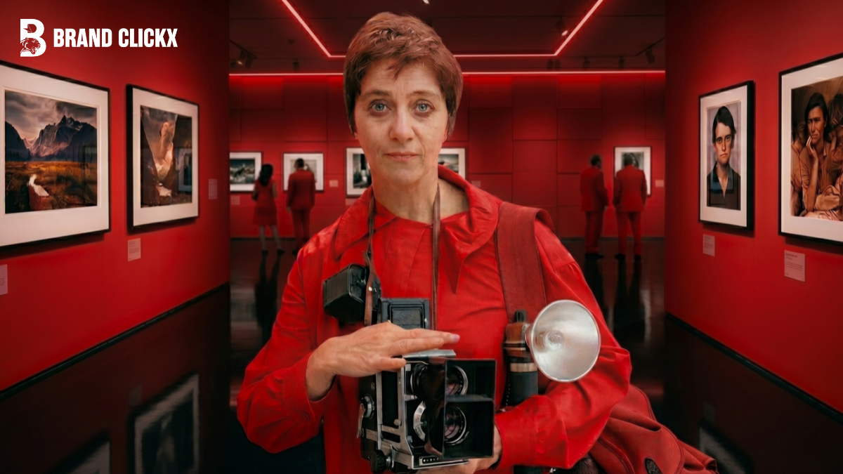 Diane Arbus A portrait of photographer Diane Arbus holding a twin lens camera with an external flash attachment inside a red gallery space by BrandClickX