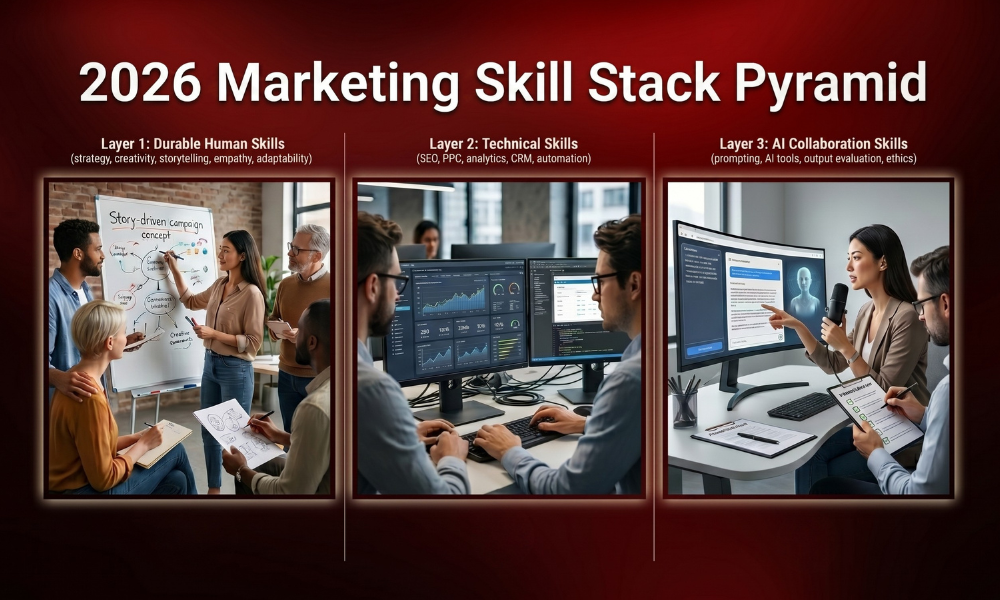 | The Digital Marketing Skills That Actually Compound in 2026 Three panel marketing skill stack pyramid diagram contrasting human skills technical proficiency and AI collaboration