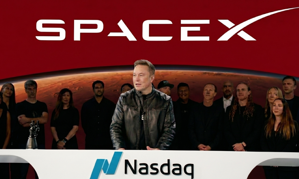| Elon Musk's SpaceX Begins Trading in Record-Breaking IPO: The Complete $75 Billion Deep Dive (2026) The executive team cheering and throwing confetti at the Nasdaq opening bell ceremony for the SpaceX SPCP stock market listing