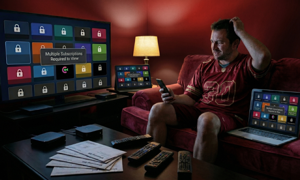 | The StreamEast Shutdown: What the Death of the World's Biggest Pirate Sports Network Says About the Streaming Economy A frustrated sports fan looking at multiple screen subscription lockouts on TV and laptop due to fragmented sports media distribution rights.