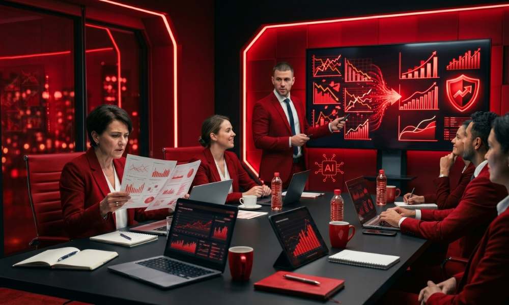 | The Attribution Crisis Won't Kill Agencies. It Will Save Them A senior digital analytics executive presenting data charts and a red financial shield metric in a modern corporate boardroom room