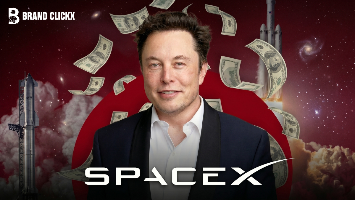 F – Elon Musk’s SpaceX Begins Trading in Record-Breaking IPO Elon Musk smiling over a red space backdrop with floating US dollar bills and the SpaceX logo by BrandClickX