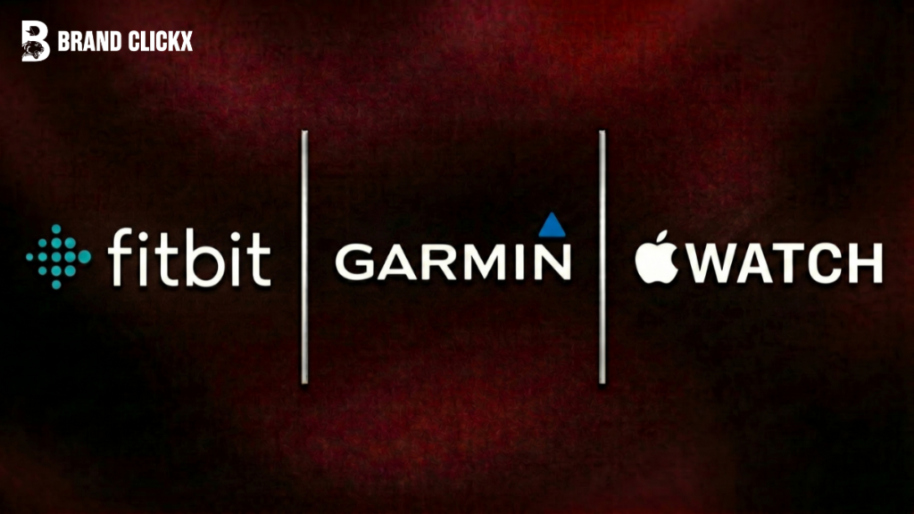 F – Fitbit vs Garmin vs Apple Watch Fitbit Garmin and Apple Watch brand logos displayed side by side on a premium dark textured background by BrandClickX