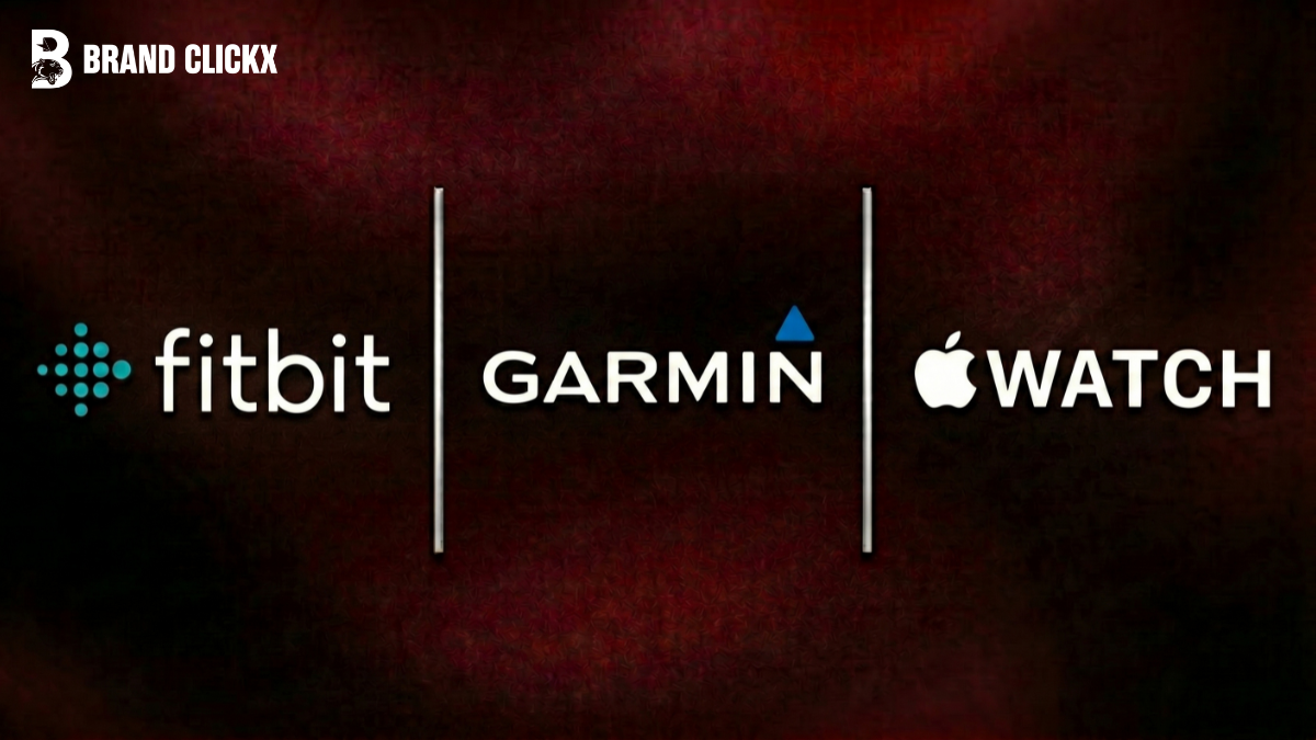 F – Fitbit vs Garmin vs Apple Watch Fitbit Garmin and Apple Watch brand logos displayed side by side on a premium dark textured background by BrandClickX