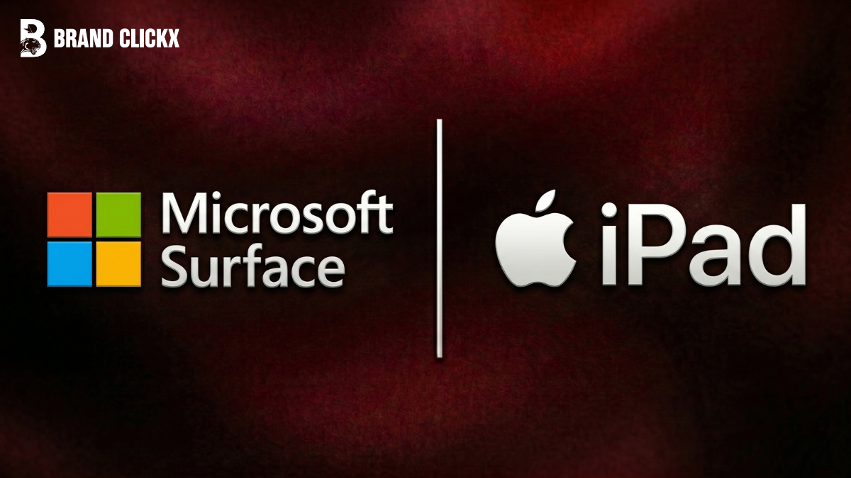 F – Microsoft vs ipad Microsoft Surface logo and Apple iPad logo side by side on a premium textured dark background by BrandClickX