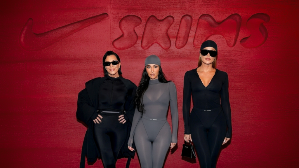 F – SKIMS Bodysuit The Complete Guide to Kim Kardashian’s Kim Kardashian alongside Kris Jenner and Khloe Kardashian modeling for the NikeSKIMS brand collection campaign by BrandClickX