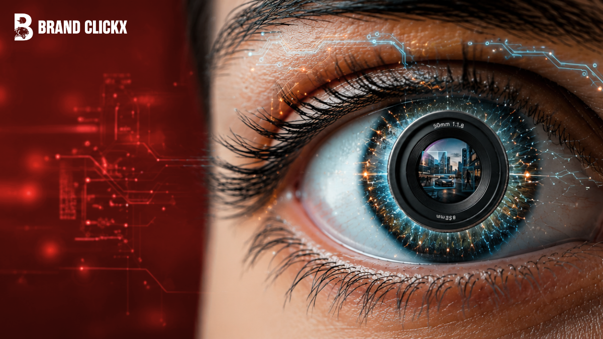 An extreme macro graphic of a human eye iris seamlessly integrated with a digital camera lens tracking city objects under the BrandClickX logo
