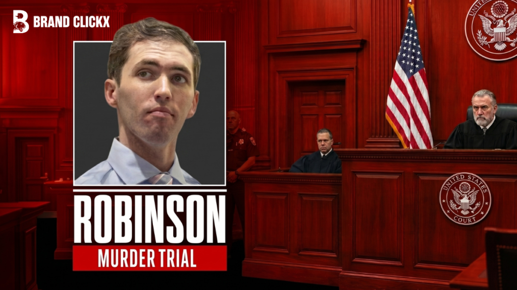 F. The Tyler Robinson Case Signals a Dangerous New Era of Political Violence in America A split layout contrasting an intense red glowing social media interface displaying fake news logs with a dark red wooden courtroom trial setup