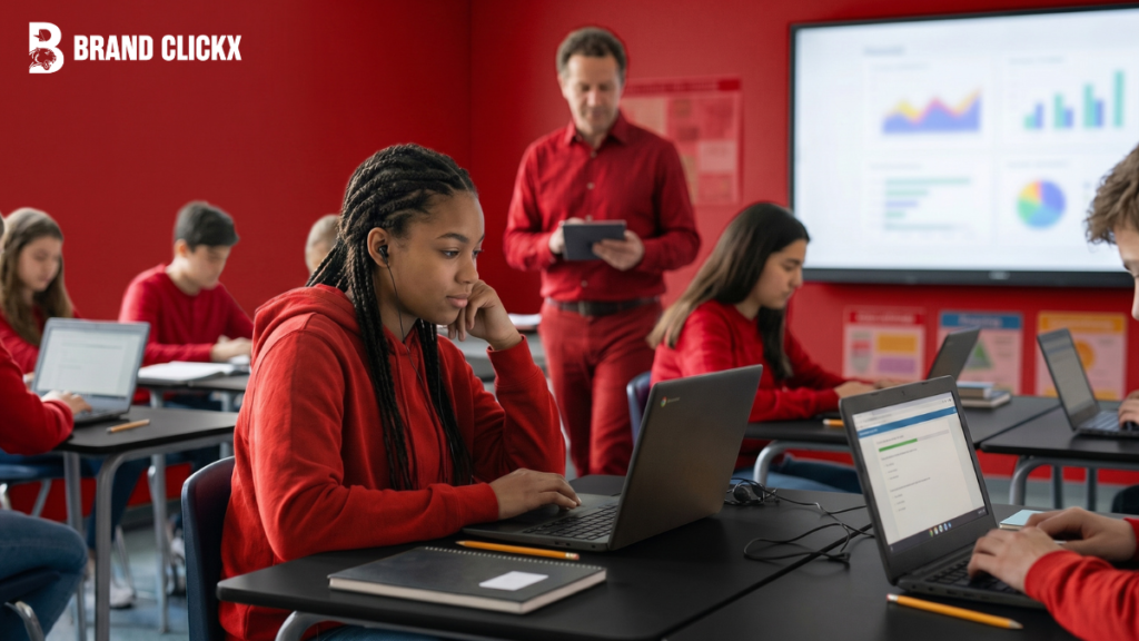 F. Why Pear Assessment Is Quietly Reshaping the Future of Digital Education Testing Students using laptops to complete digital exams in a modern red themed classroom under the BrandClickX brand stamp