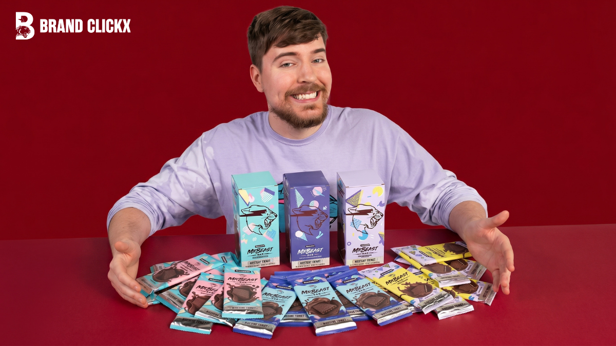 Jimmy Donaldson MrBeast presenting a diverse assortment of Feastables chocolate bars on a counter table by BrandClickX