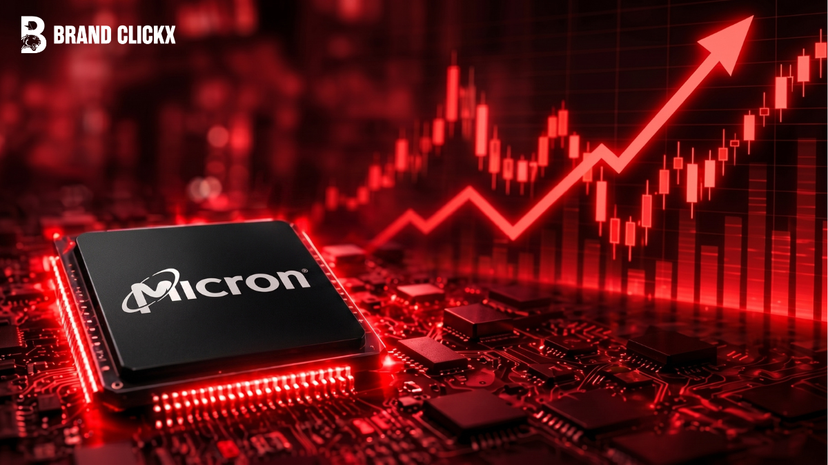 Feature – AI Chips News Today The Sell-Off, Micron’s Blowout, and AMD’s Slide A glowing black Micron technology processor chip on a red circuit board under ascending stock market line charts by BrandClickX