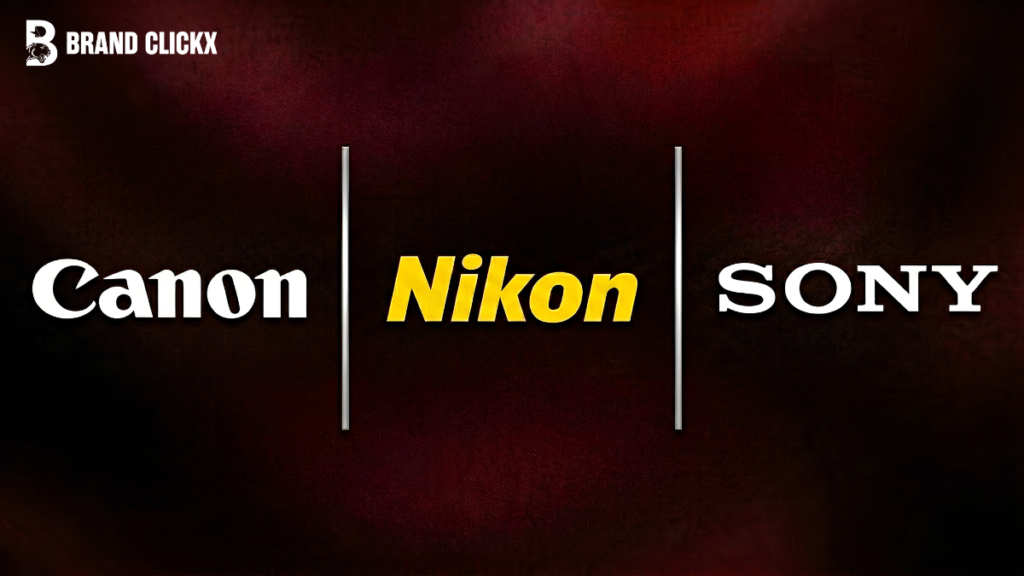 Feature – Canon vs Nikon vs Sony Best Camera Brand 20261. Canon versus Nikon versus Sony camera brand comparison logos side by side on a premium maroon background