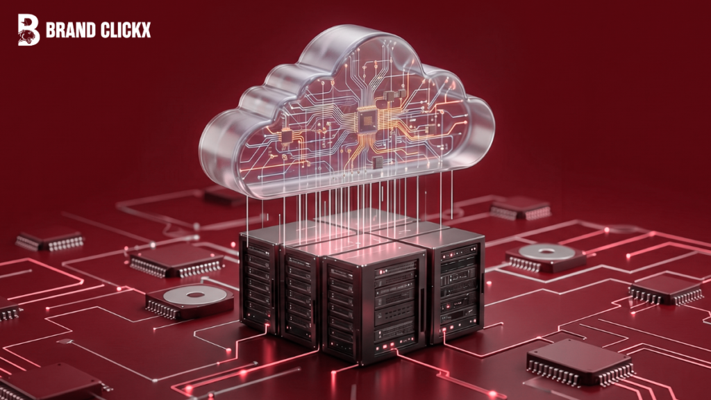 Feature – Cloud Security Tips Premium cloud security tips guide feature infographic showing integrated data storage server units by BrandClickX