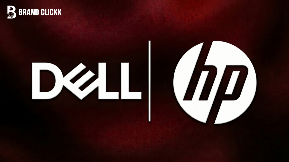 Dell versus HP laptop brand comparison logos side by side on a premium maroon velvet background
