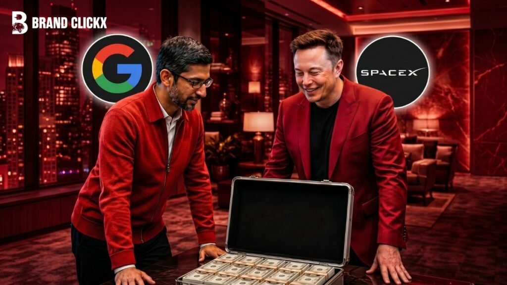 Feature – Even Google Can’t Build AI Fast Enough Google CEO and SpaceX founder looking at stack of cash