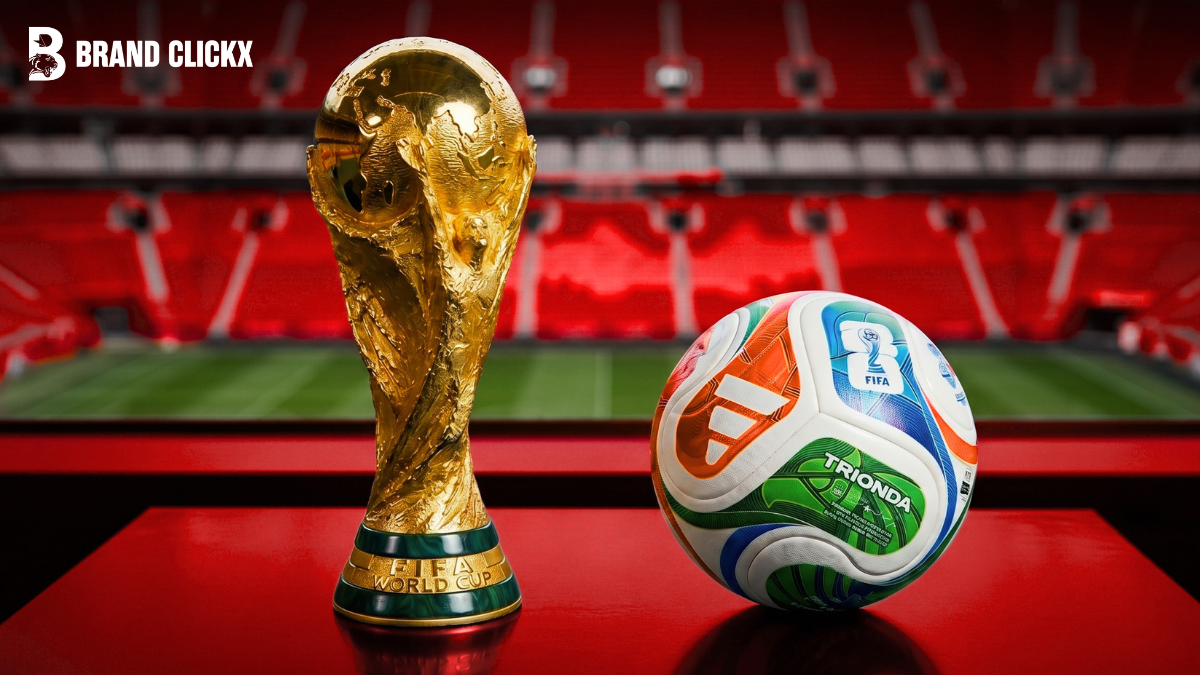 Feature – FIFA World Cup 2026 Marketing The official gold FIFA World Cup trophy standing next to the Adidas Trionda soccer ball inside a red stadium structure by BrandClickX