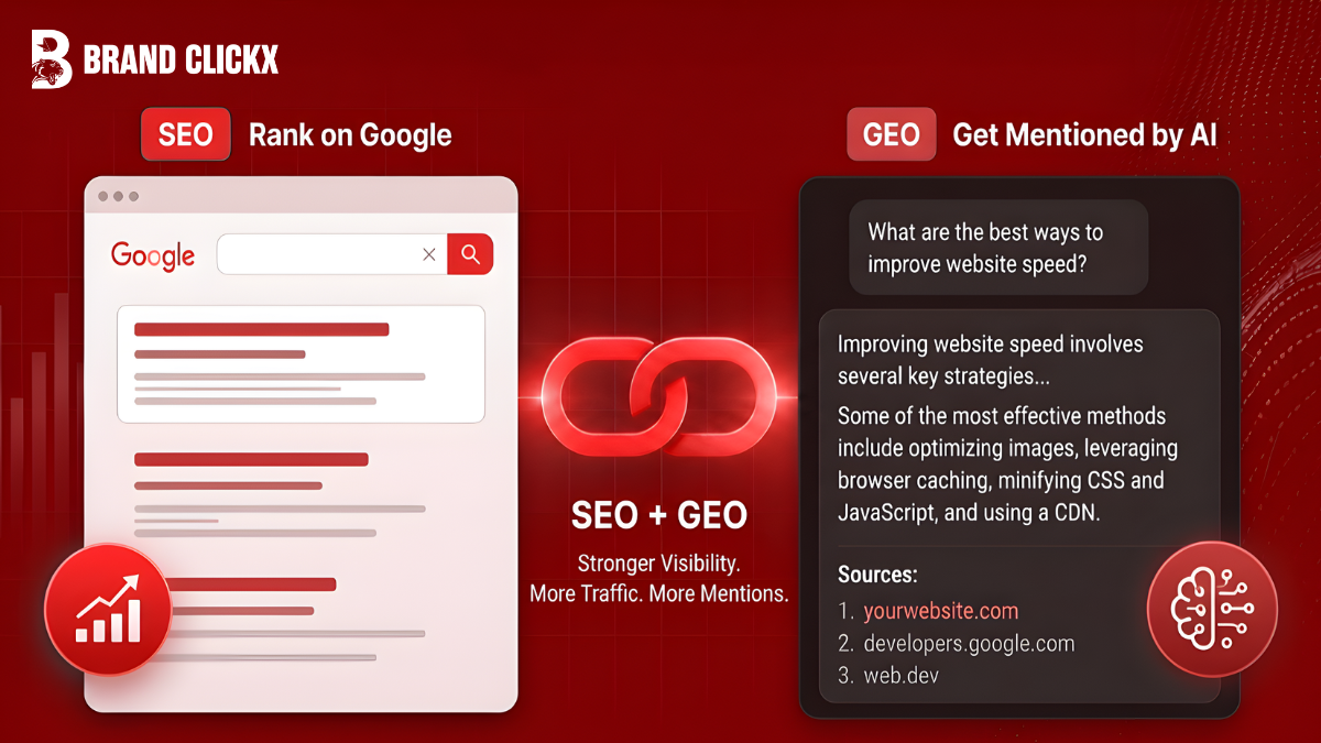 Feature – GEO vs SEO 2026 (1) A comparison infographic banner contrasting traditional Google SEO search results with generative engine optimization citation modules by BrandClickX