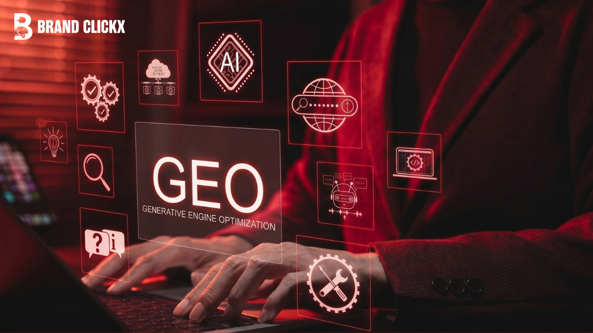 Feature – Generative Engine Optimization (GEO) (1) A digital strategist typing on a laptop with a glowing red neon hud overlay mapping out the Generative Engine Optimization GEO workflow matrix by BrandClickX