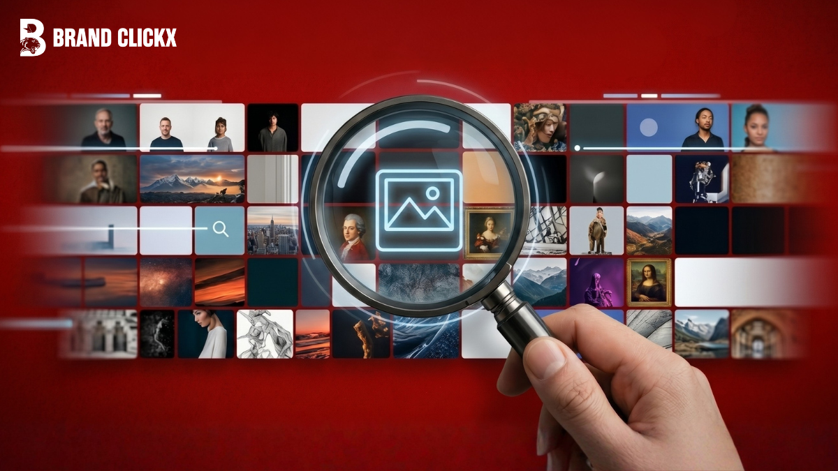 Feature – How to Find the Original Source of an Image A hand holding a magnifying glass lens over a digital database grid of image thumbnails with the BrandClickX logo