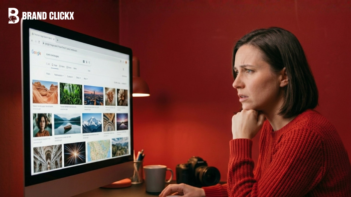 Feature – Is Someone Stealing A female photographer carefully reviewing search results grids on a large desktop monitor screen against a solid red studio background by BrandClickX