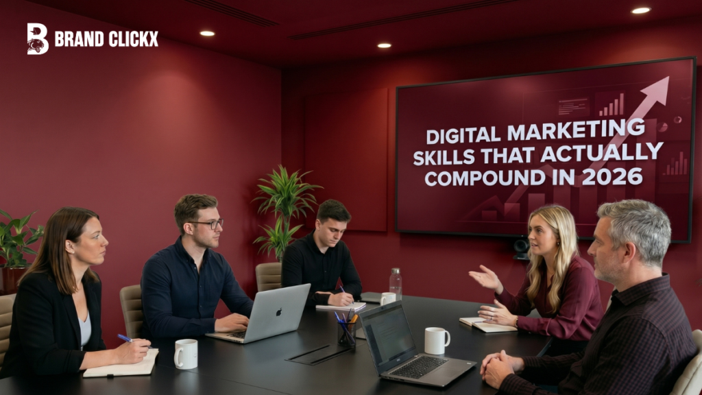 Feature – The Digital Marketing Skills That Actually Compound in 2026 Digital marketing skills that actually compound in 2026 corporate boardroom training session by BrandClickX