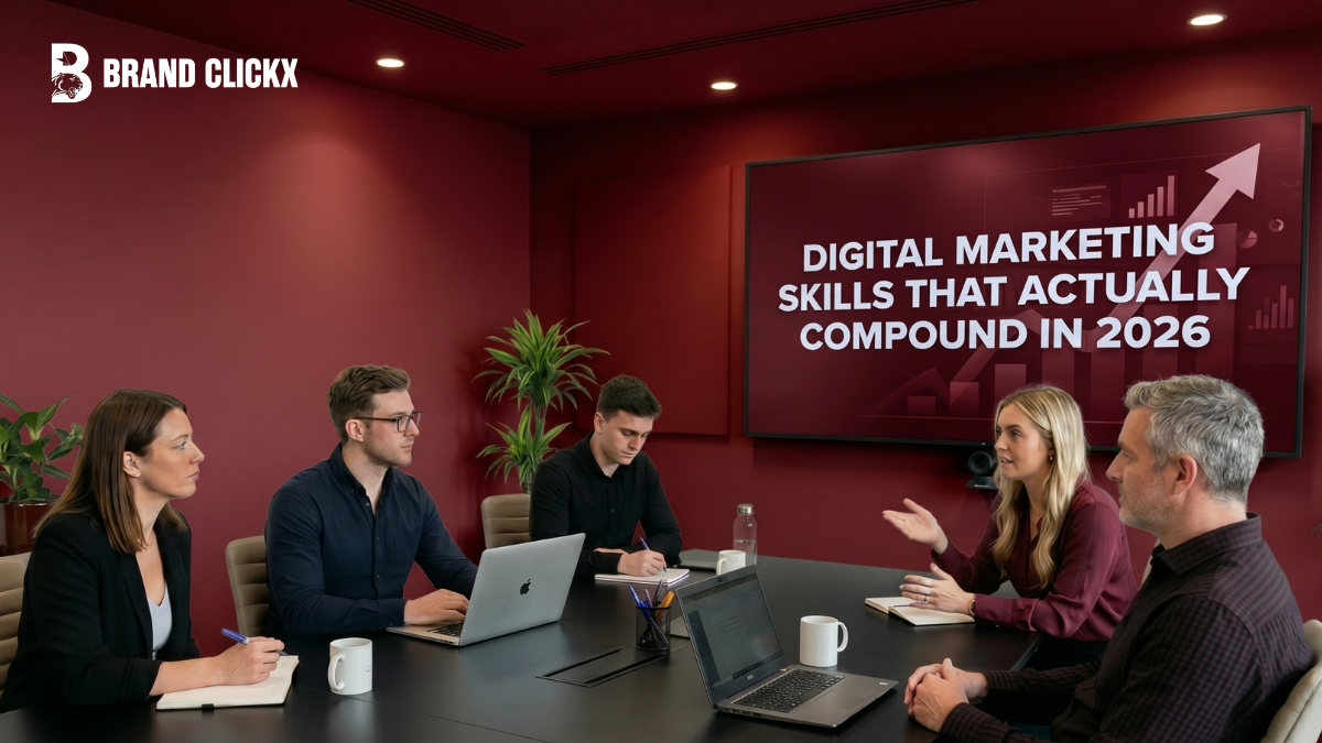 Feature – The Digital Marketing Skills That Actually Compound in 2026 Digital marketing skills that actually compound in 2026 corporate boardroom training session by BrandClickX