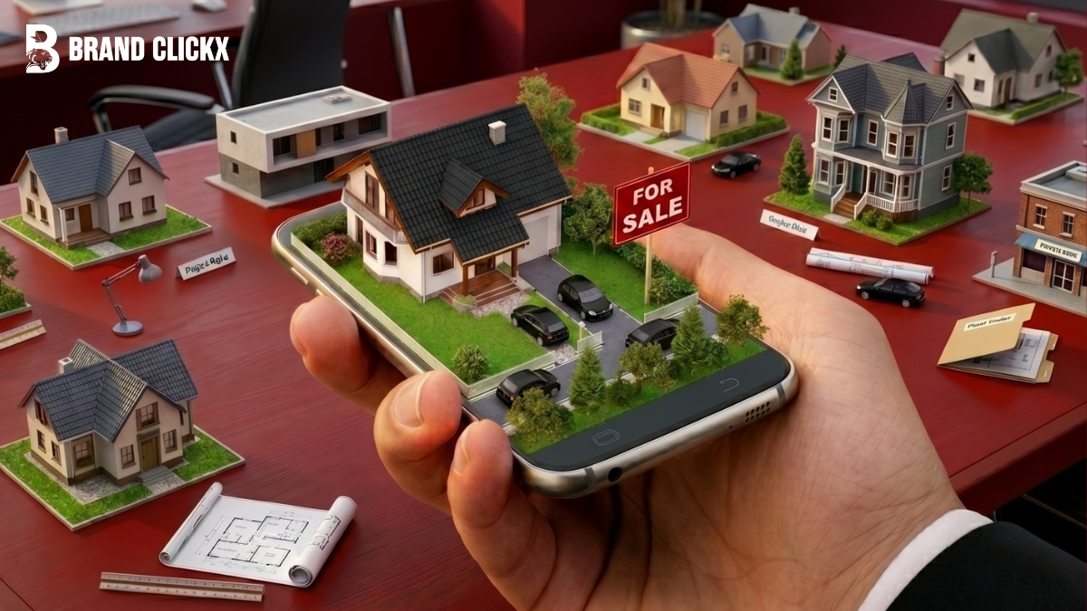 Why Digital Home Information Packs Could Finally Fix the Broken Real Estate Transaction System A hand holding a smartphone displaying 3D miniature house models, representing digital property records and modern PropTech automation.