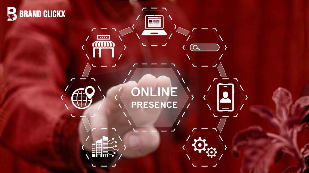 Why Online Presence Management Became the Survival System for Modern Brands A person interacting with a futuristic digital interface displaying interconnected icons for online presence management.
