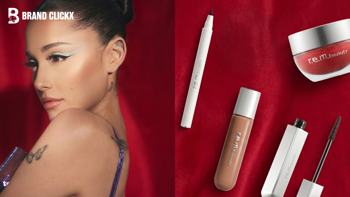 Feature – r.e.m. beauty Review Ariana Grande’s Eyeshadow, Lip Oil, Foundation, and the Full Brand Guide (2026) A multi-panel beauty banner pairing an Ariana Grande graphic eyeliner profile with r.e.m. beauty liquid concealer and mascara product shots by BrandClickX