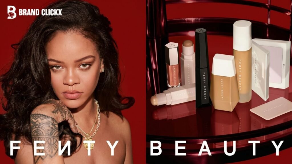 Fenty Beauty – Rihana Rihanna campaign portrait alongside a premium collection of Fenty Beauty cosmetic products by BrandClickX