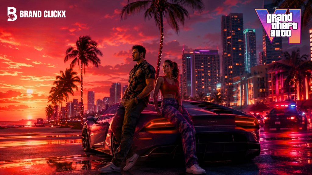 GTA 6 Grand Theft Auto VI artwork showing Jason and Lucia on a car in Vice City