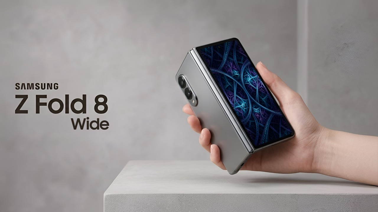 | Samsung Galaxy Fold 8 Leaks Reveal Major Design Changes A hand holding a folded silver Samsung Galaxy Z Fold 8 Wide smartphone showing a blue neural line art pattern on the outer display panel