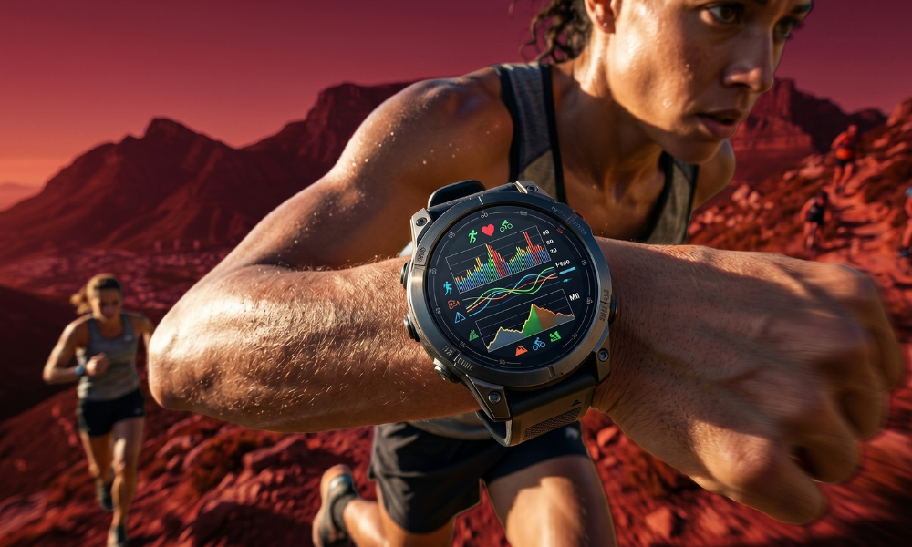 | Fitbit vs Garmin vs Apple Watch: Which Fitness Tracker is Worth It? An athlete running outdoors on a mountain trail monitoring performance metrics on a rugged Garmin smart watch interface