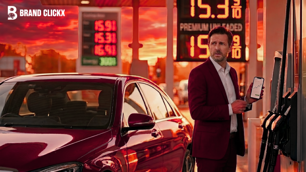 Gas Pricing Man in a suit checking a phone while refueling his car at a gas station.