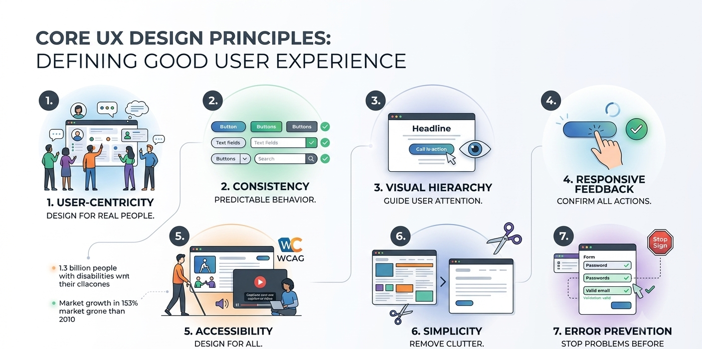 | UX Basics: How User Experience Drives Business Results Infographic illustrating 7 core UX design principles by Brand Clickx.