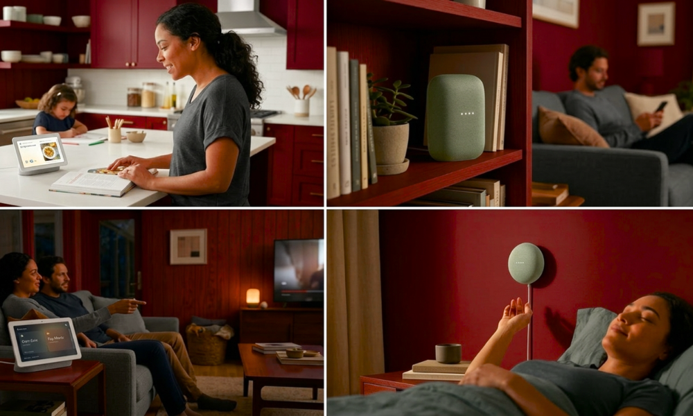 | Google Nest vs Amazon Echo: Which One Wins in 2026? Four panel smart home matrix showing Google Nest Hub display recipes media streaming and voice control scenarios
