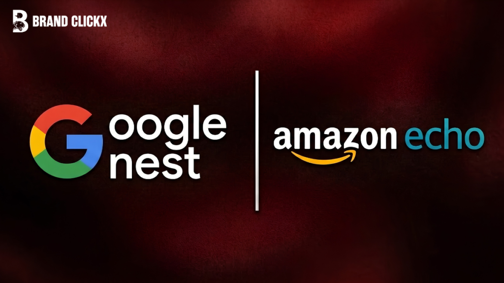 Google Nest vs Amazon Echo Google Nest versus Amazon Echo ecosystem brand comparison logos side by side on a premium maroon background