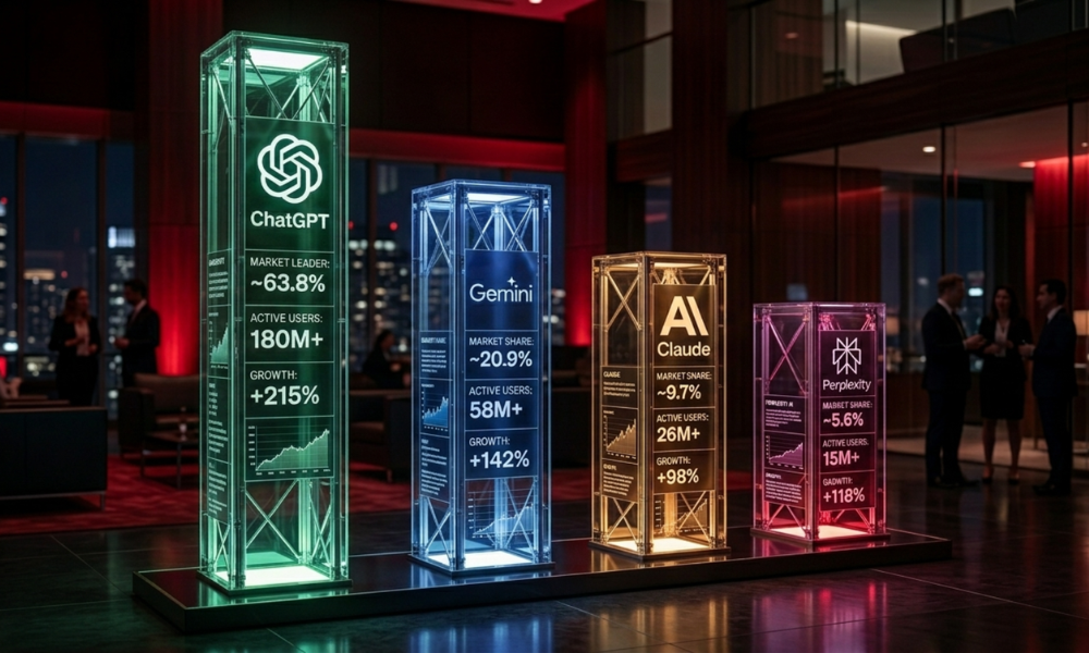 | Generative Engine Optimization (GEO) 2026: The Complete Guide to Getting Cited by AI Four illuminated glass data towers displaying corporate market share analytics and weekly active user growth for ChatGPT Gemini Claude and Perplexity