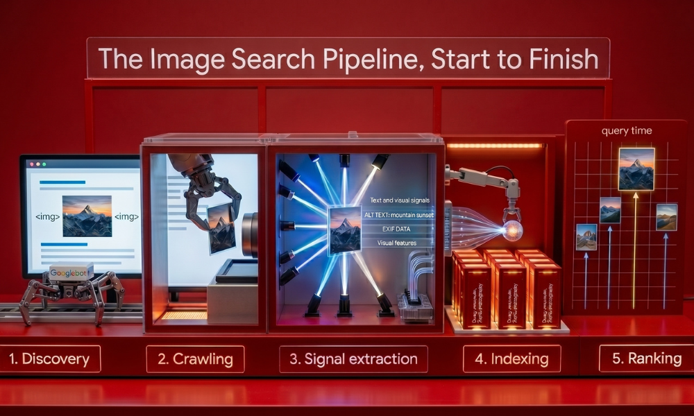 | How Search Engines Understand Images (And Why Most Sites Get It Wrong) A full horizontal five stage pipeline diagram illustrating image discovery, crawling, signal extraction, indexing, and ranking workflows