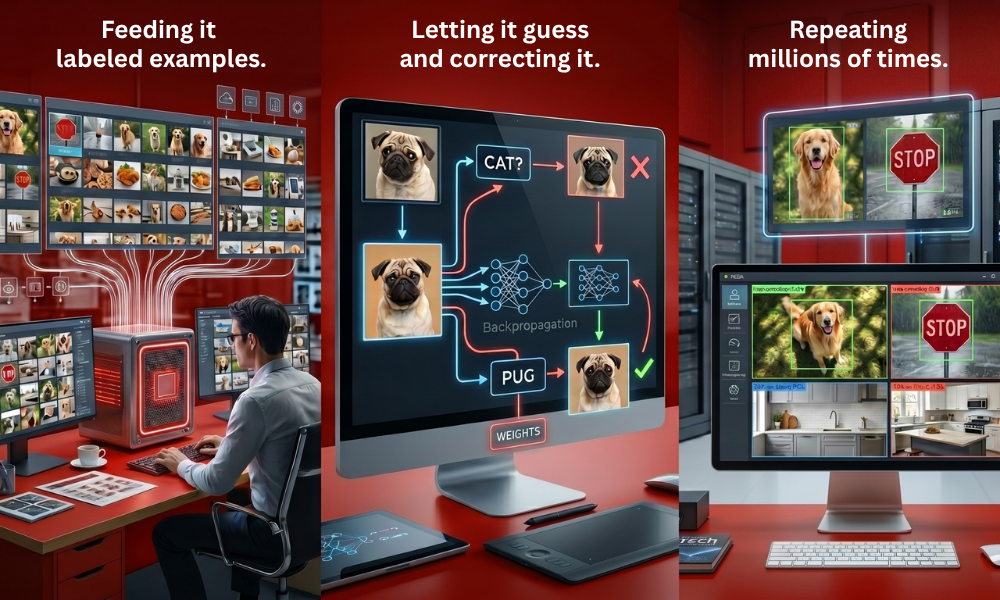 | AI Image Recognition Explained: How Machines Actually "See" A three stage machine learning workflow charting data ingestion, error backpropagation correction, and continuous model repetition loops